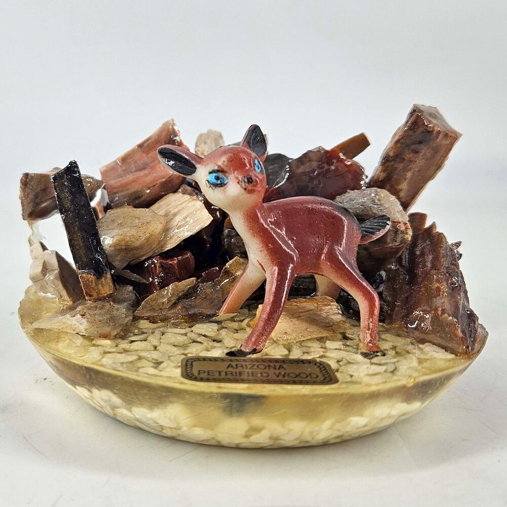 Vintage Mid Century miniature deer figurine lucite base w real Petrified wood